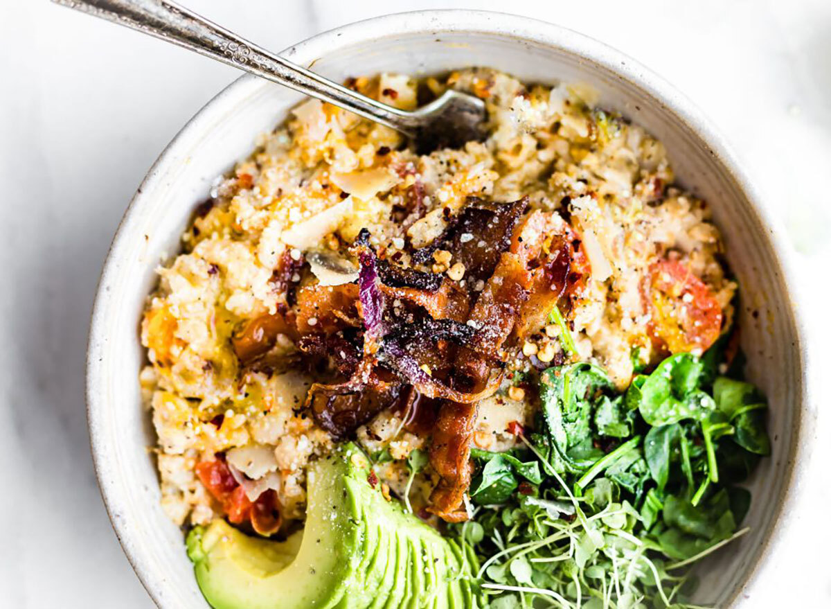 savory oatmeal with bacon and avocado