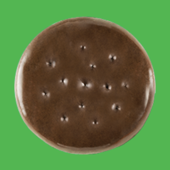 A Girl Scout Thin Mint cookie against a green background