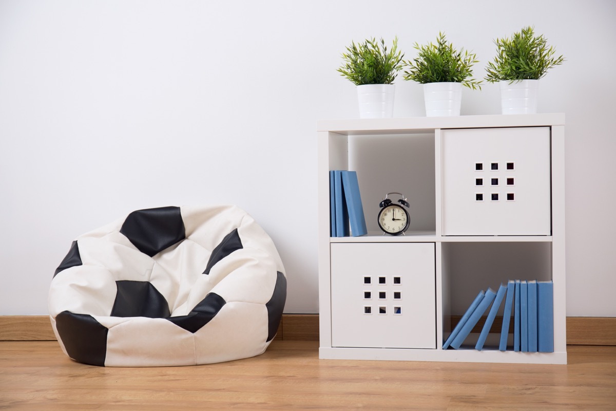 soccer ball bean bag next to cube organizer