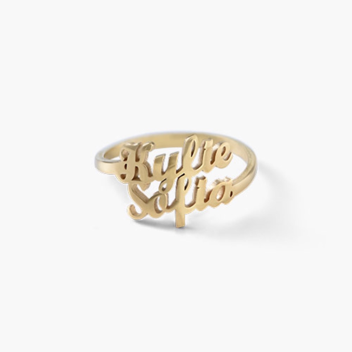 Gold two-name ring white background