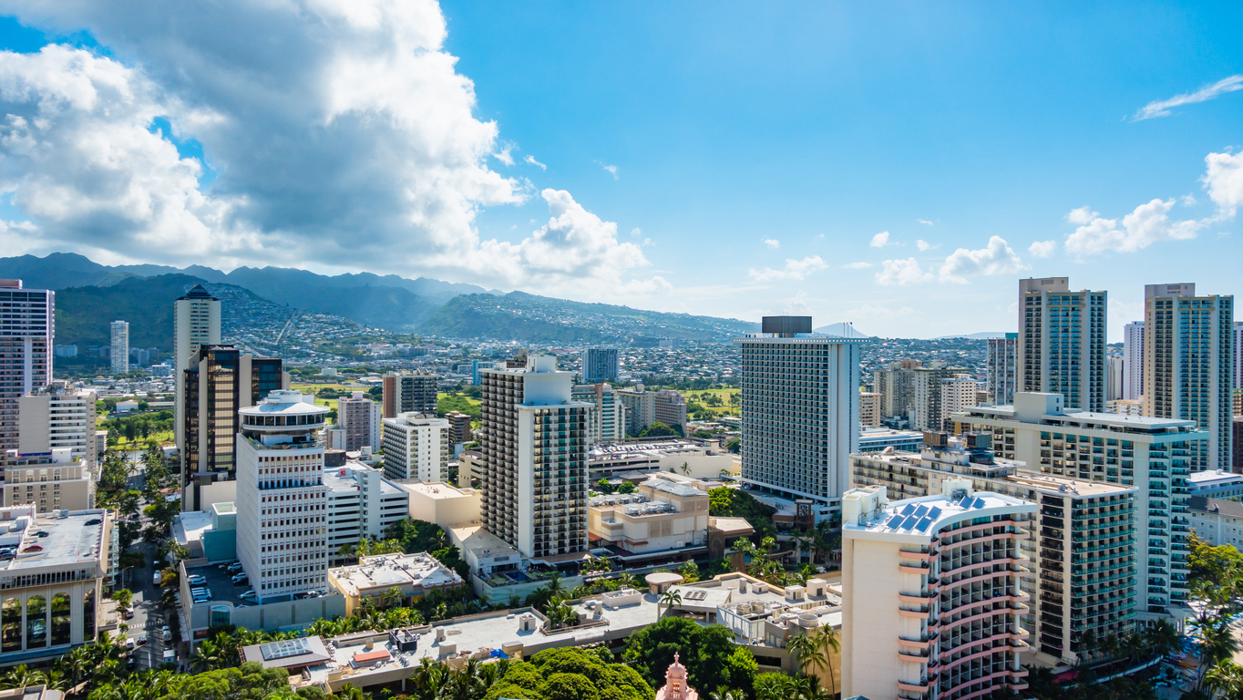 Skyline of Honolulu, Hawaii, looking inland