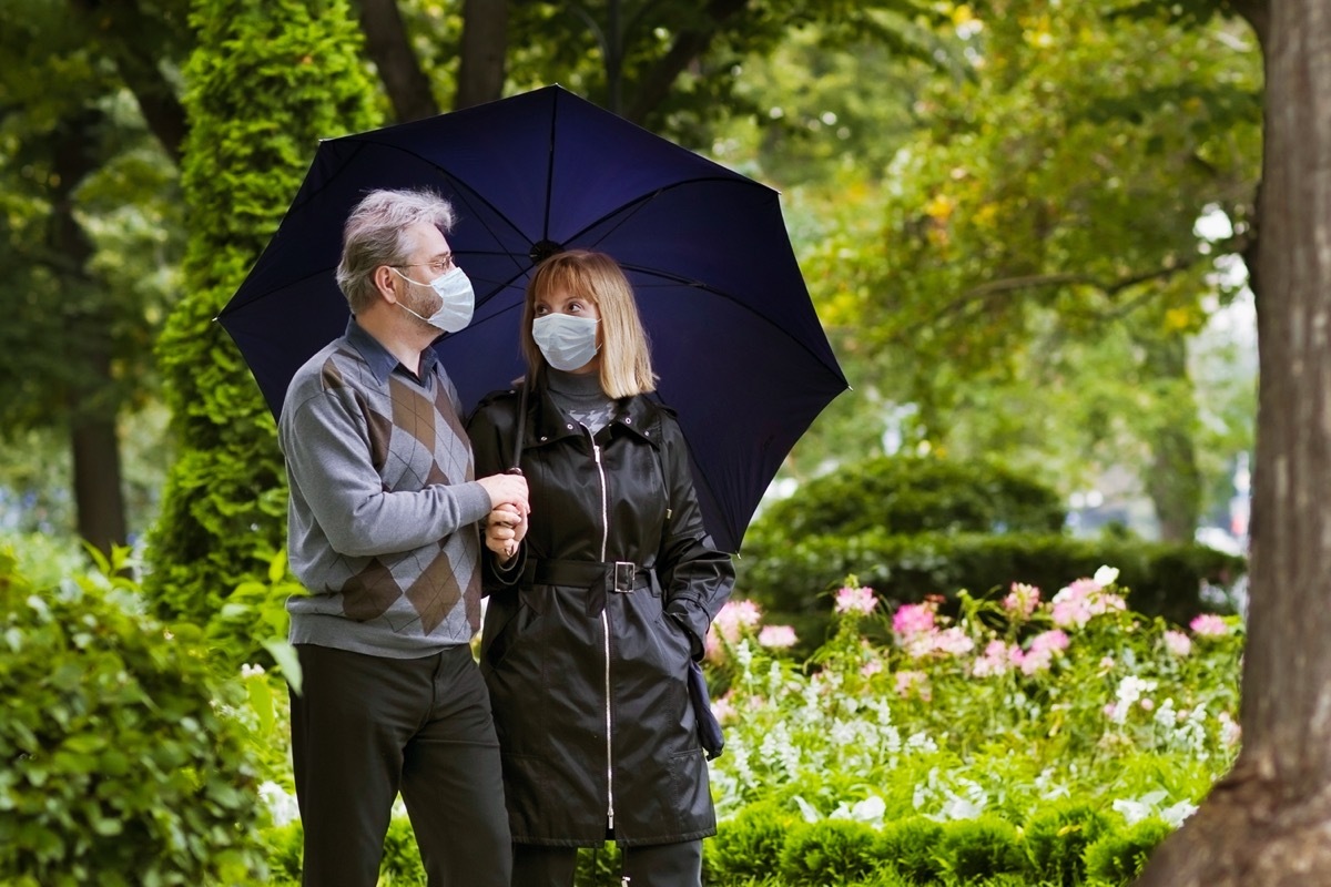 Retired couple walking in a park under quarantine during coronavirus outbreak