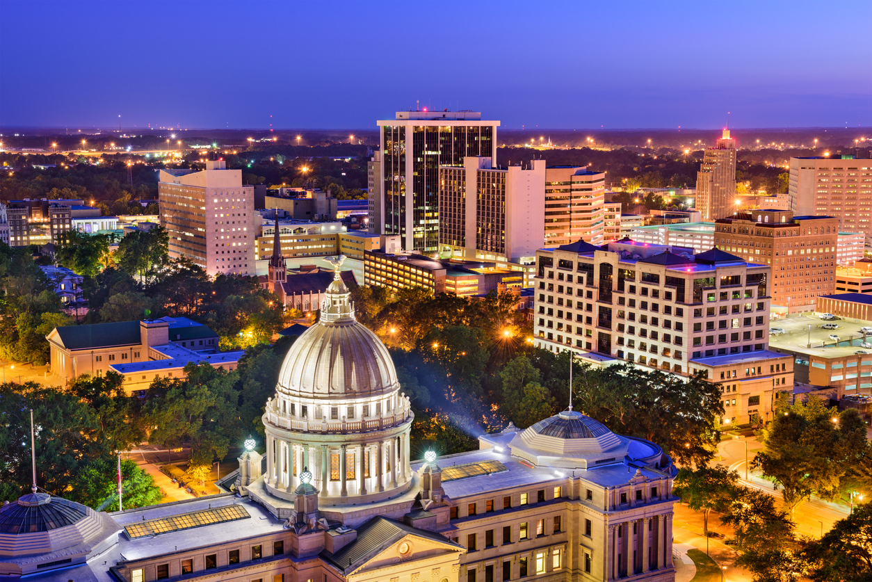 The skyline of Jackson, Mississippi at dusk