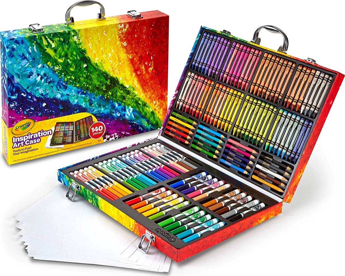 Kids' art supplies in a case