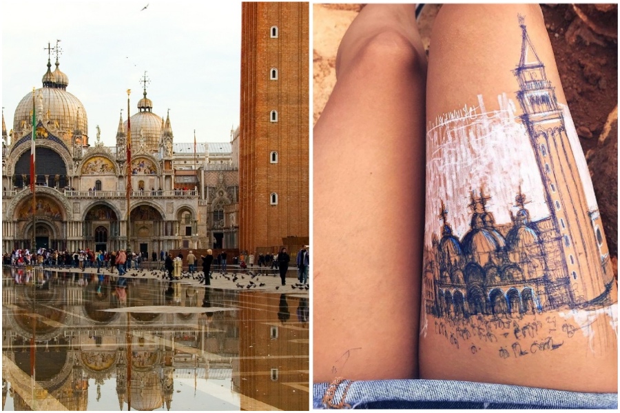 Saint Mark's Basilica in Venice, Italy | Artist Uses Her Body As A Canvas For Architecture Sketches | Her Beauty