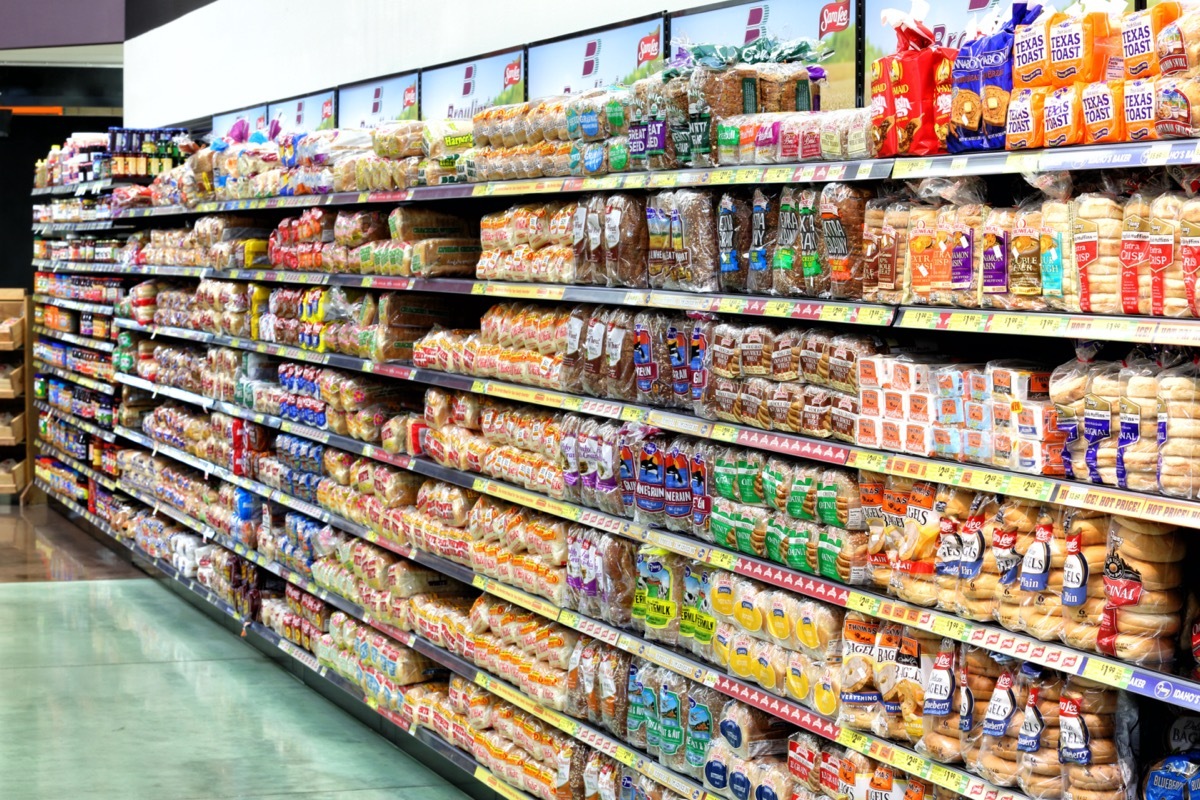 Bread aisle at grocery store