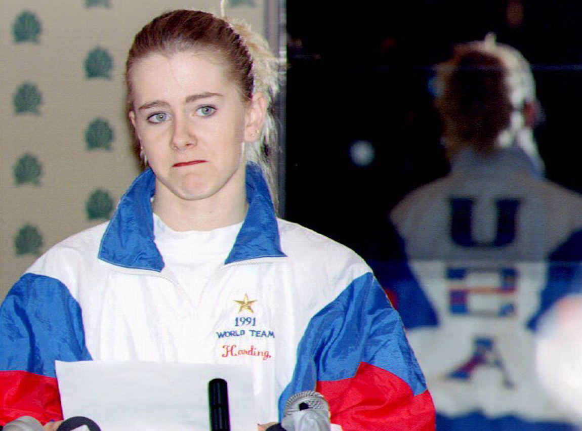 Tonya Harding reading a statement in January 1994