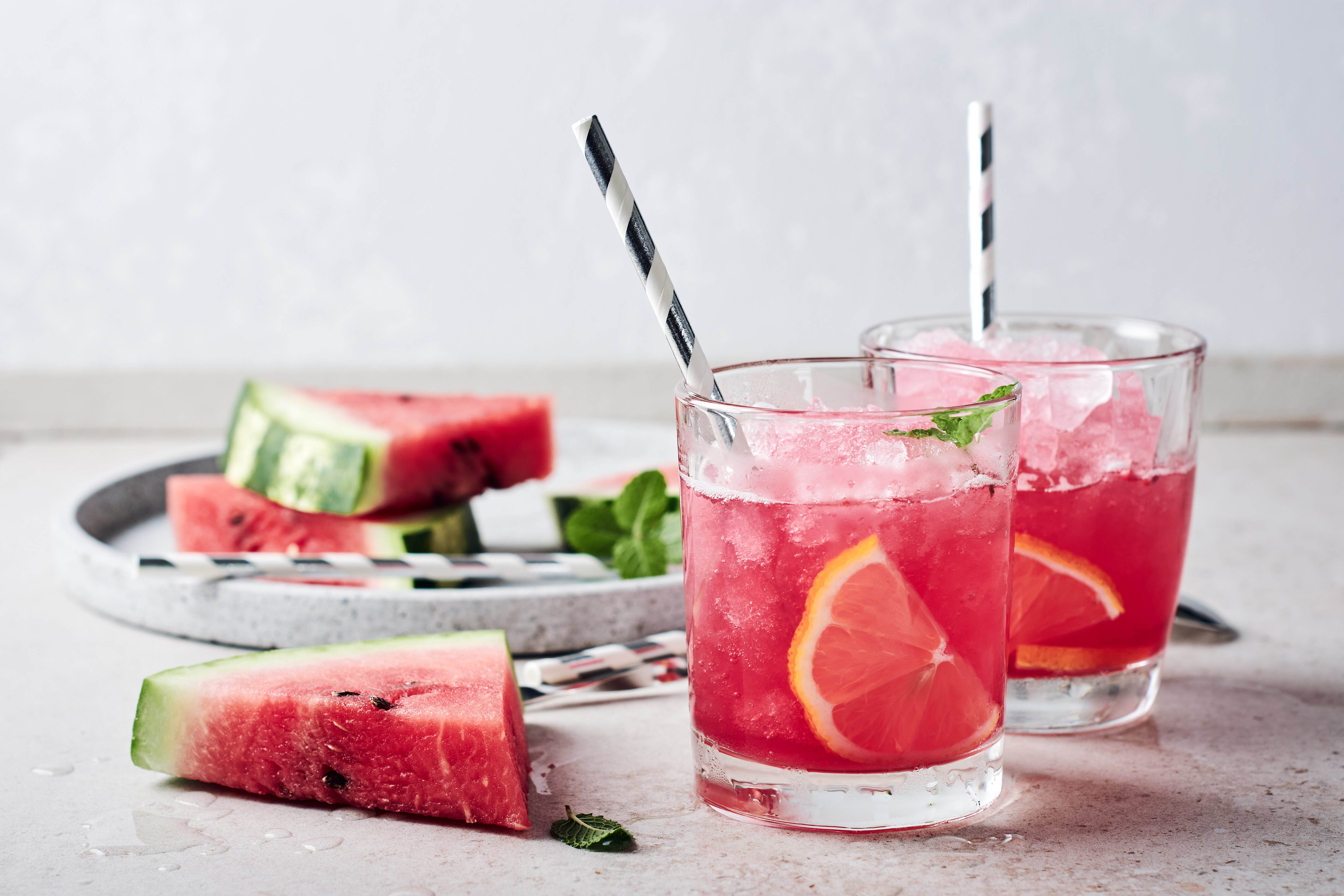 Summer refreshing watermelon cocktail Agua fresca with mint and lemon.