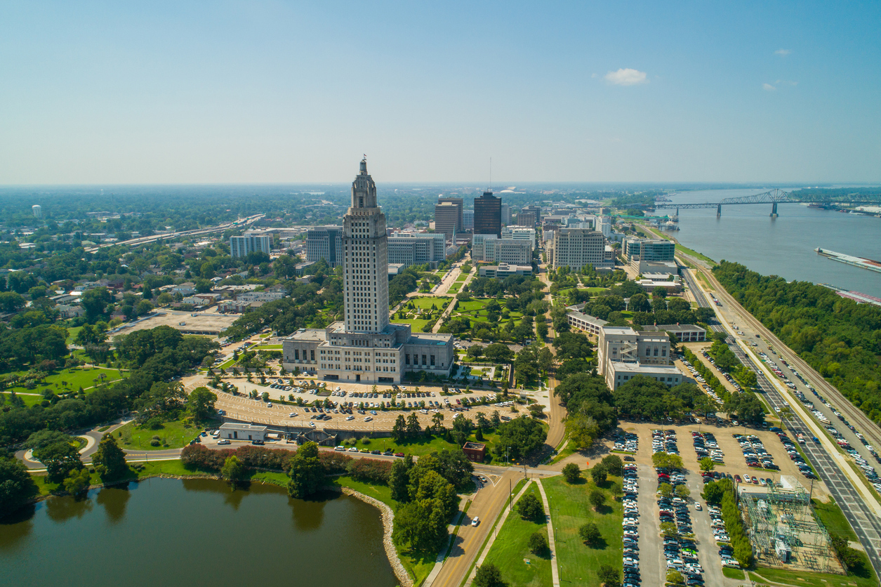 An aerial photo of downtown Baton Rouge, Louisiana with the Mississippi River in view