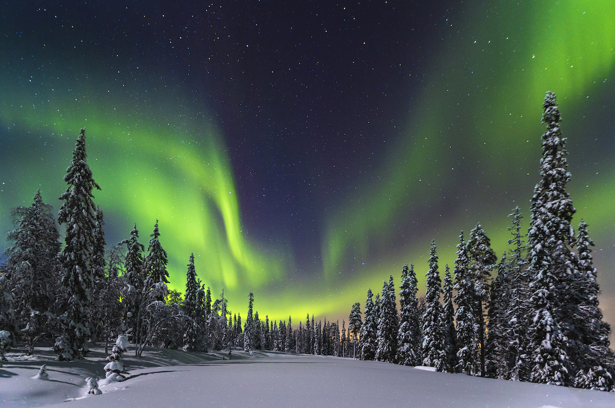 Northern lights over the Pyhae Luosto National Park in northern Finland.