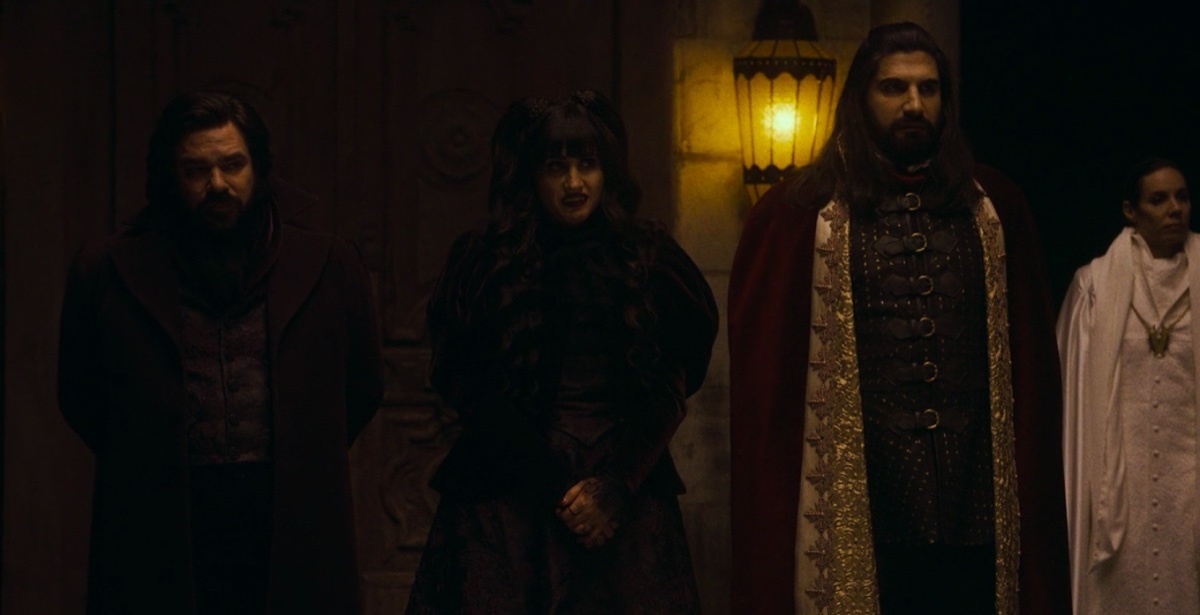 Matt Berry, Natasia Demetriou, and Kayvan Novak in What We Do in the Shadows