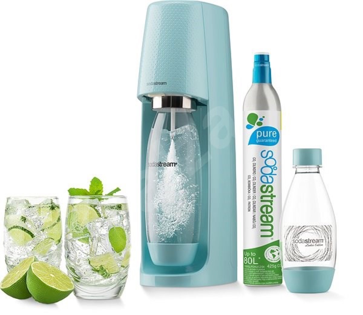 blue sodastream seltzer maker and bottles